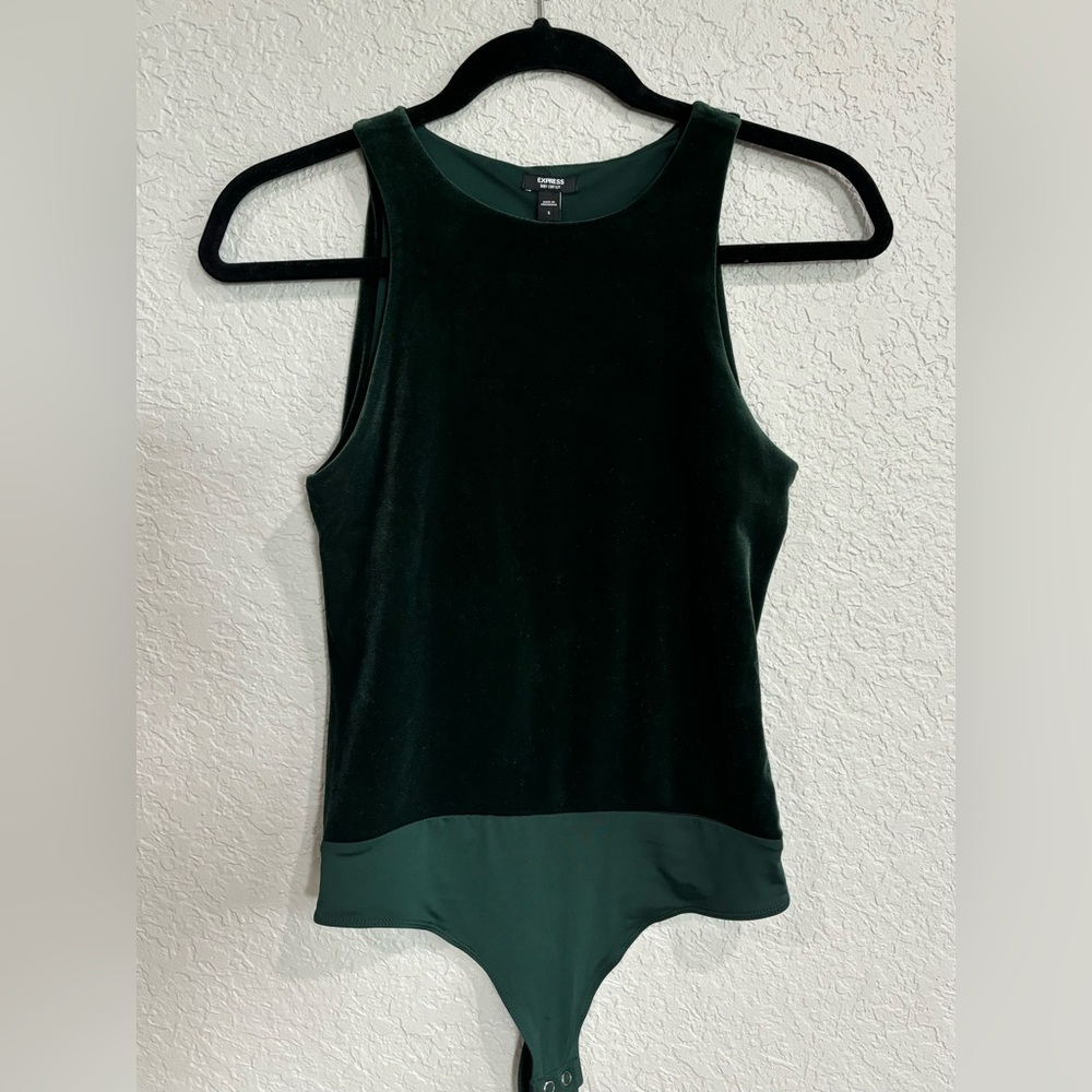Green velvet cut out back body suit.